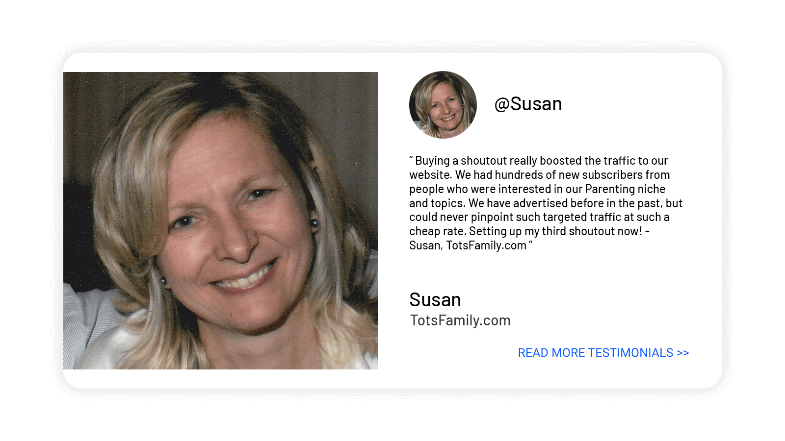 image of susan owner of totsfamily.com praising the work of buysellshoutouts.com