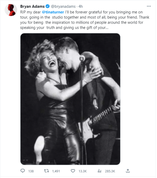 Bryan Adams tribute to Tina Turner on Twitter - Tina: A Look at Her Life and Music