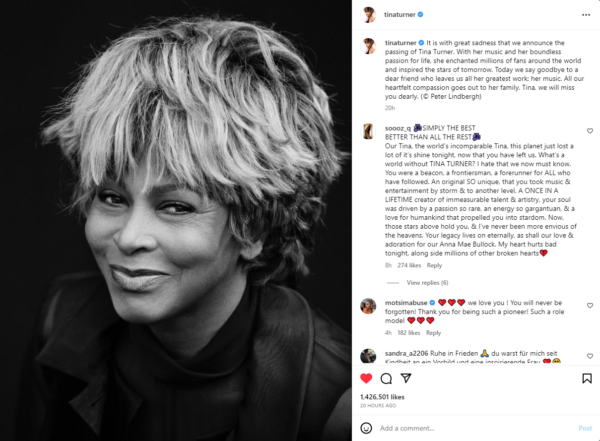 Image of the official announcement on Instagram of Tina Turner's passing - The Iconic Tina Turner on Instagram: A Look at Her Life and Music